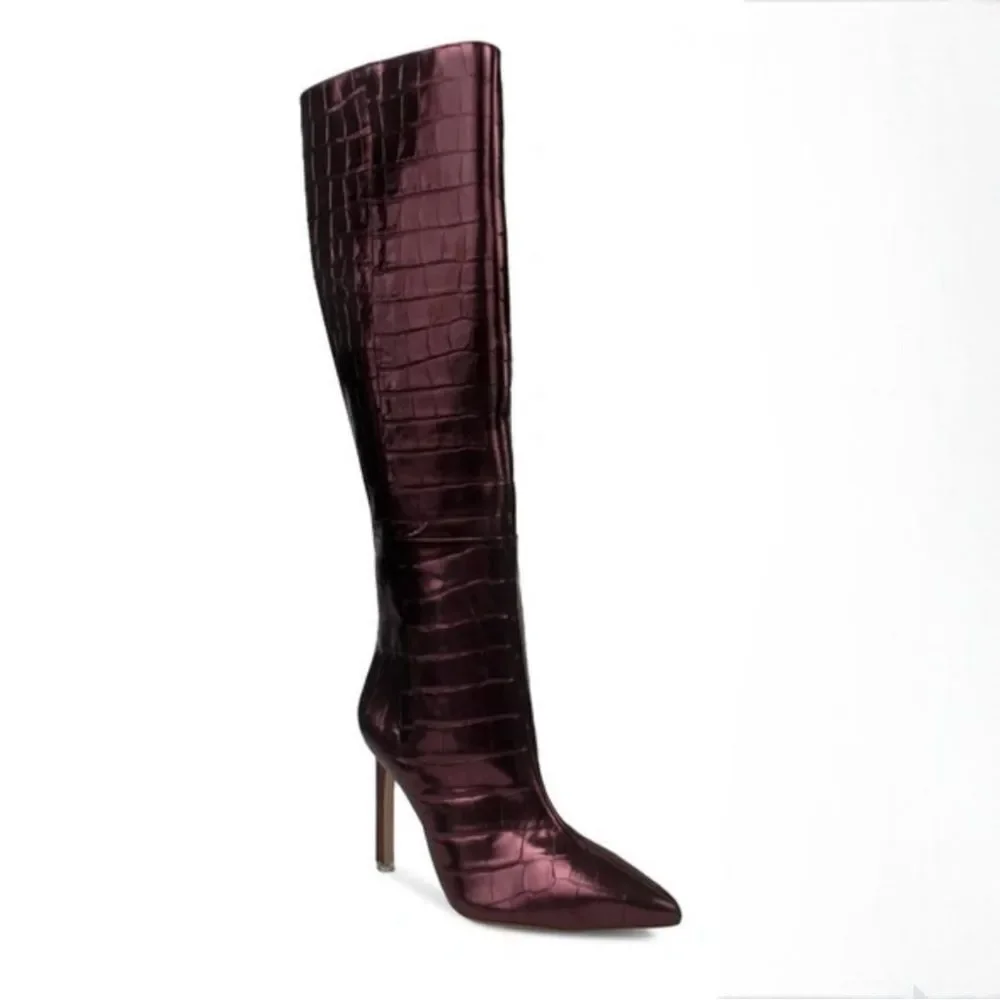 BLACK SUEDE STUDIO Tall Stiletto‎ Boot Croc Embossed Point Toe Oxblood Metallic
